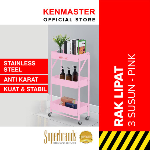 [EZM.2500393] Kenmaster Rak Lipat 3 Susun KM-BWP8 / Rak Dapur Roda Lipat - Pink